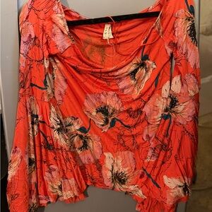 Free People Coral Floral Blouse with Pink and Teal Accents